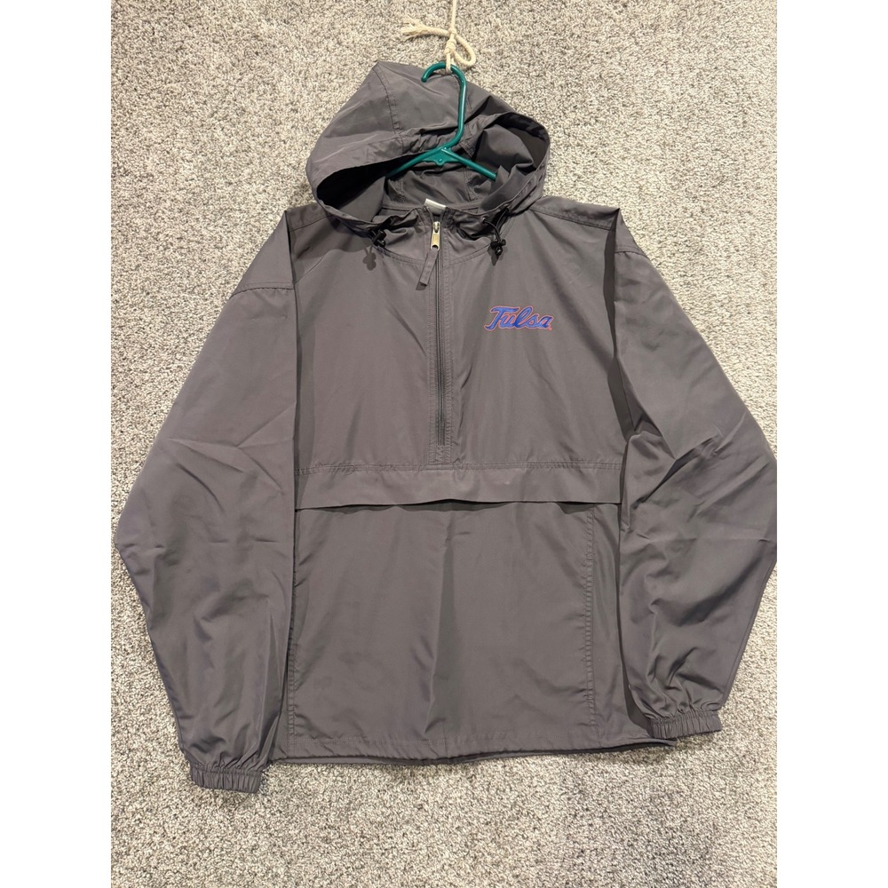 Champion Windbreaker Mens Medium Gray Tulsa University Anorak Half Zip Jacket